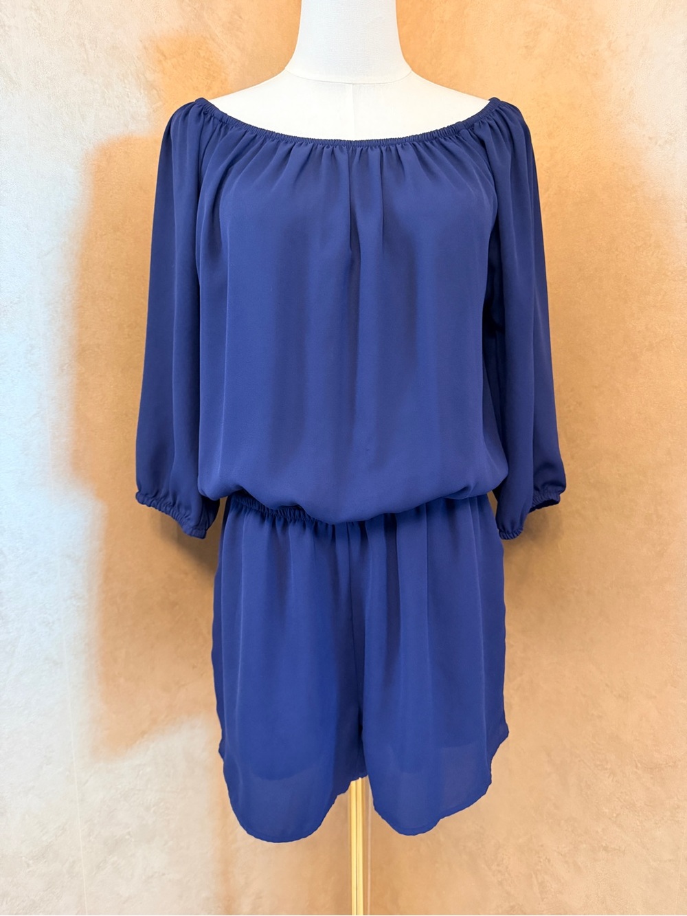 New York & Company Navy Off-Shoulder Blouson Romper